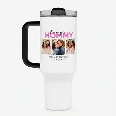 Thermos mug with handle and straw, personalised with 6 photos and text - With love