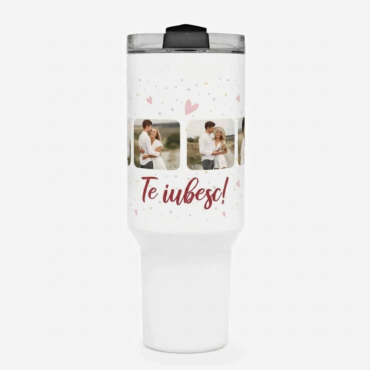 Thermos mug with handle and straw, personalised with 6 photos and text - Celebrate love