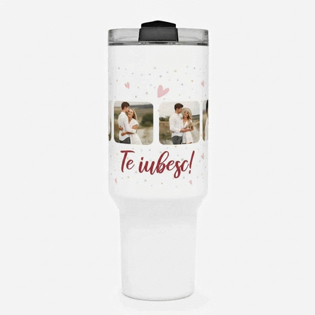 Thermos mug with handle and straw, personalised with 6 photos and text - Celebrate love
