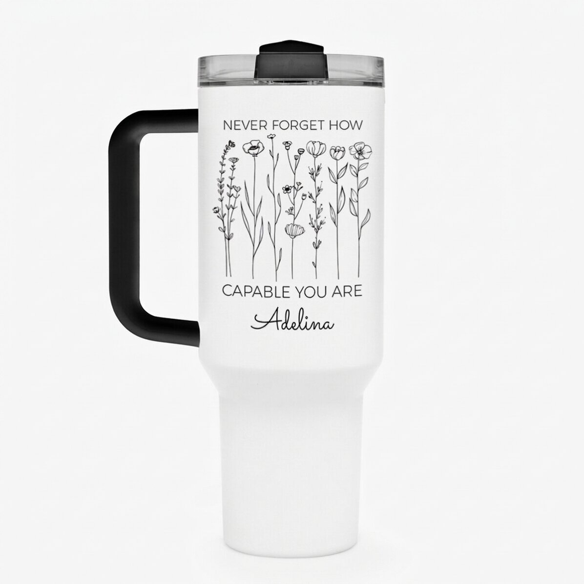 Thermos mug with handle and straw, personalised with text - Flowers