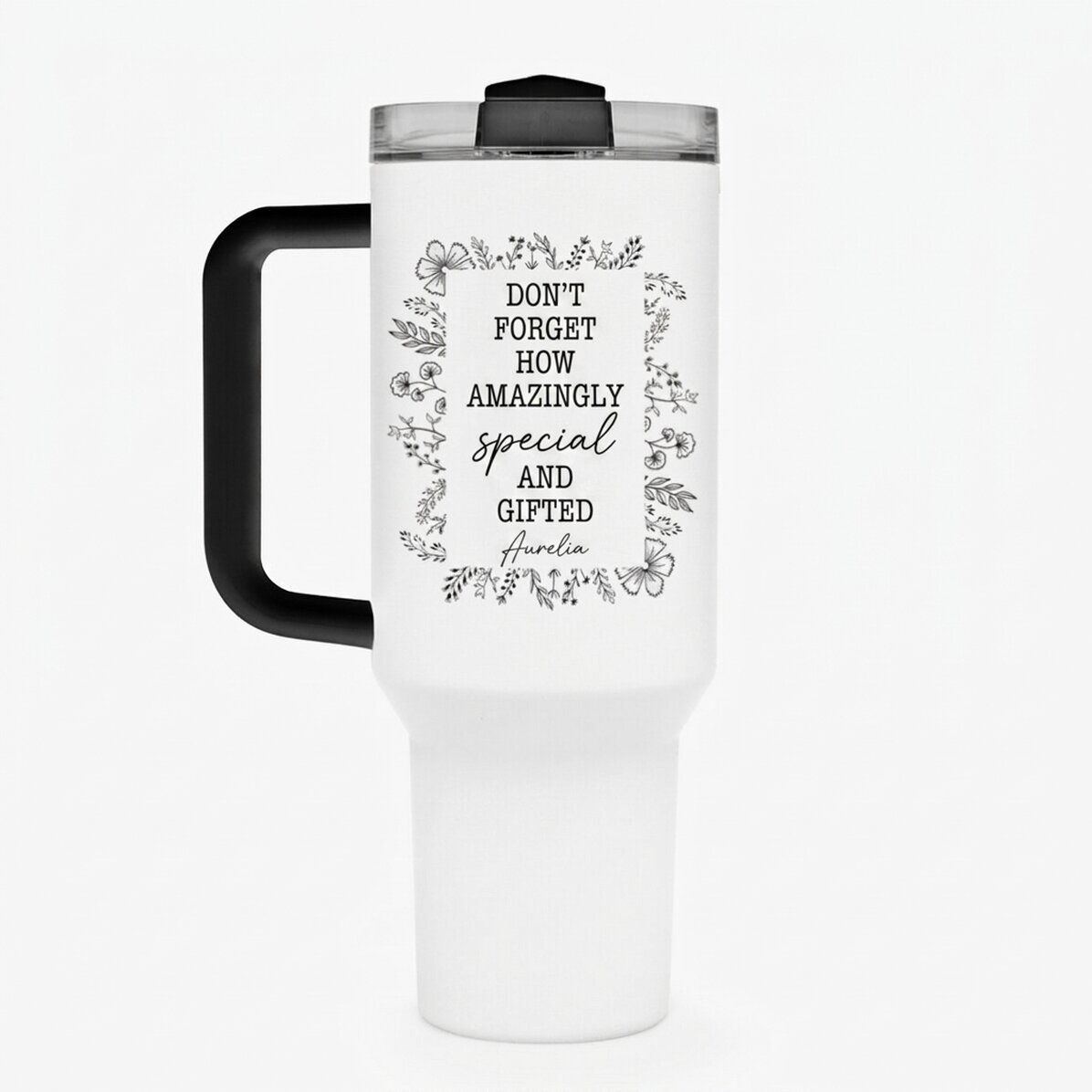 Thermos mug with handle and straw, personalised with text - Flower frame
