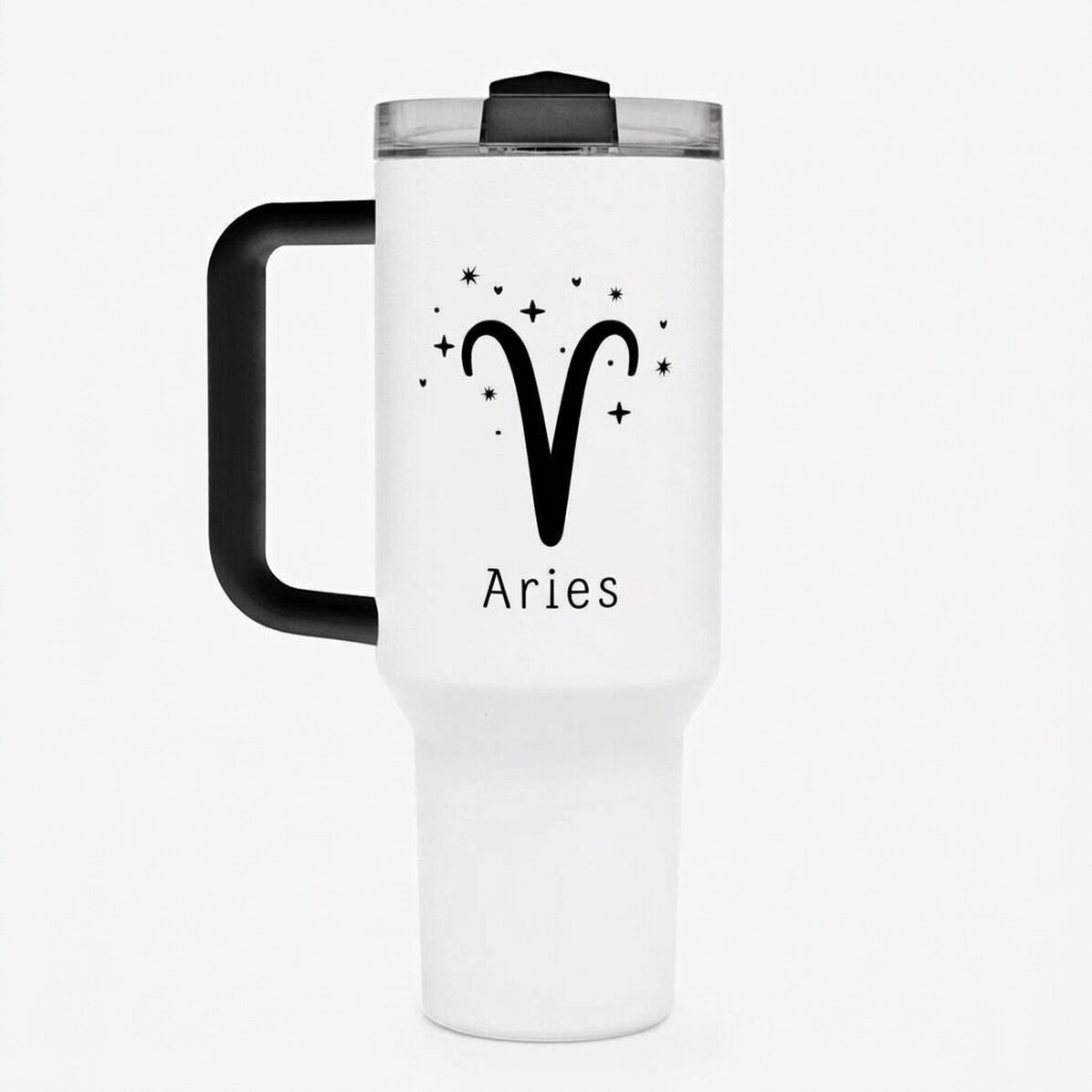 Thermos mug with handle and straw, personalised with text - Aries zodiac sign