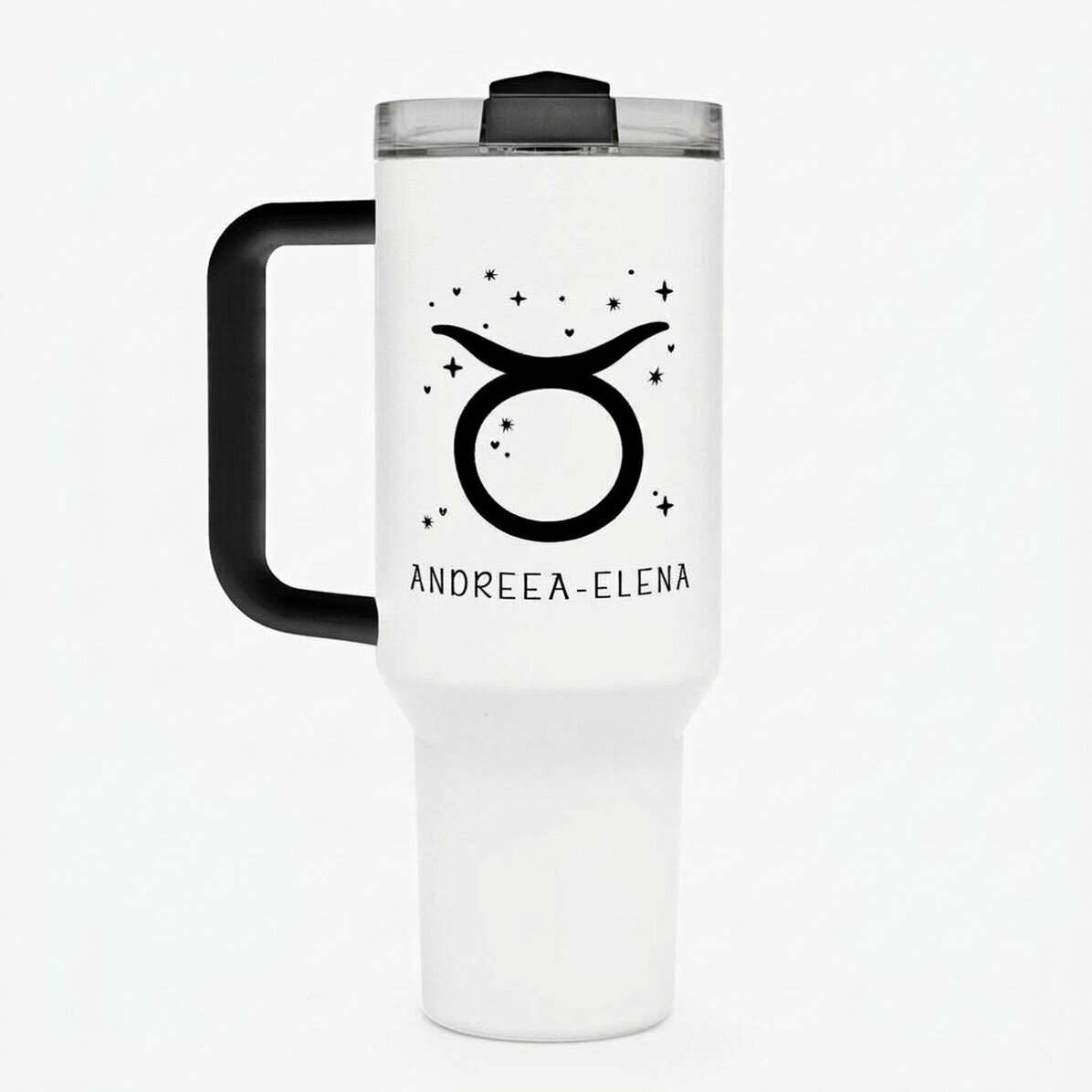 Thermos mug with handle and straw, personalised with text - Taurus Zodiac Sign