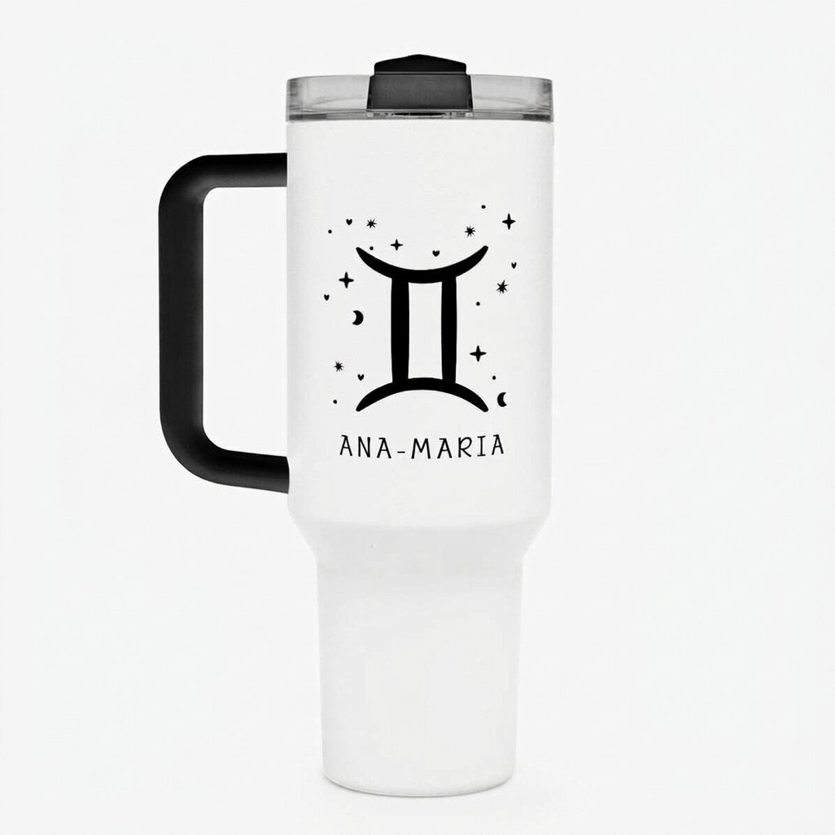Thermos mug with handle and straw, personalised with text - Gemini
