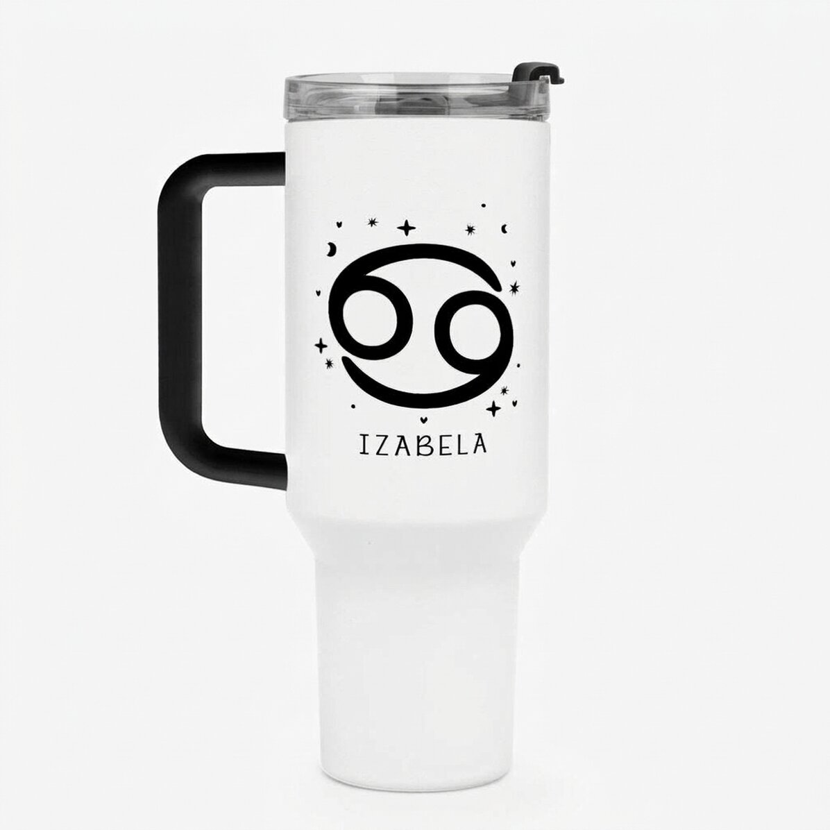 Thermos mug with handle and straw, personalised with text - Cancer zodiac sign