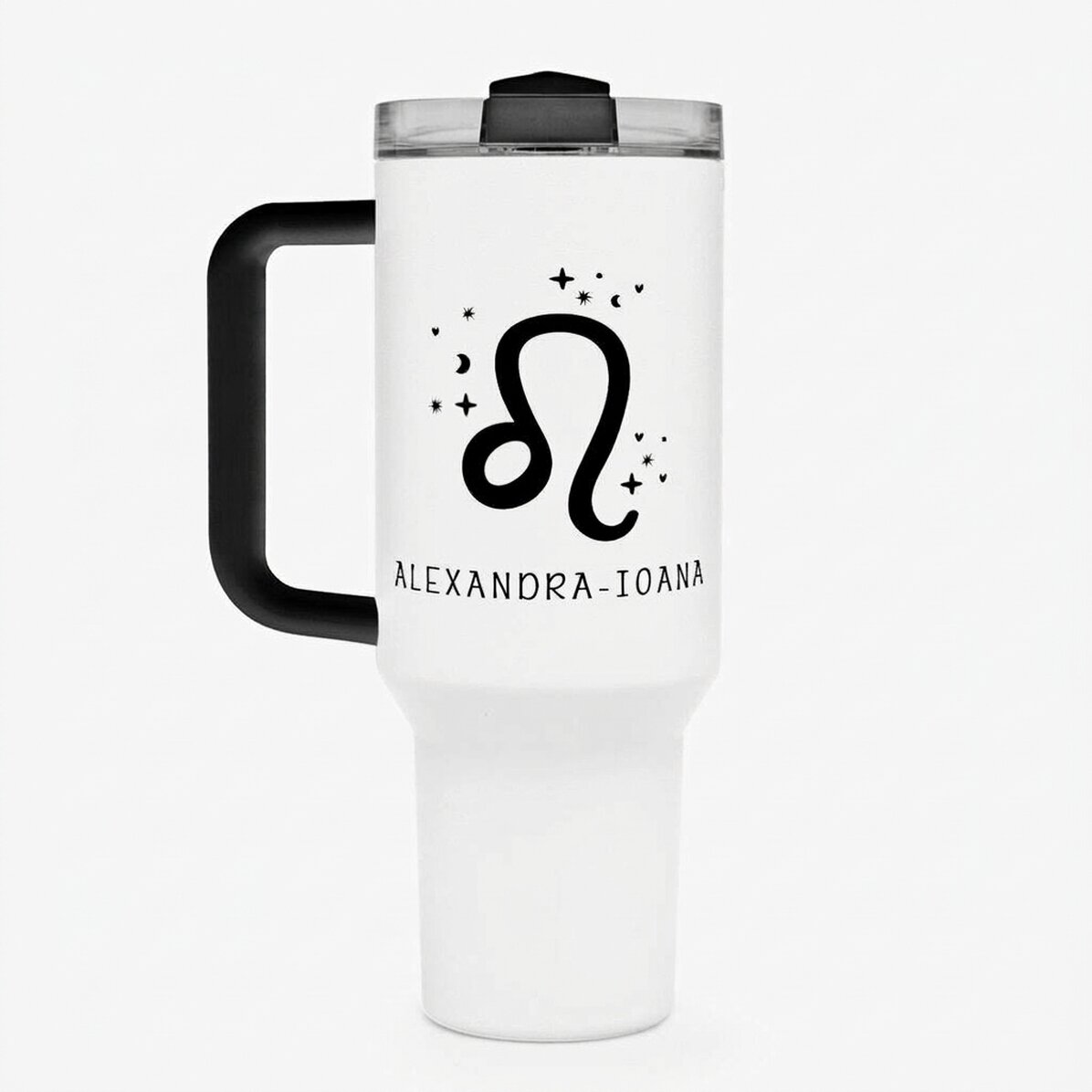 Thermos mug with handle and straw, personalised with text - Leo Zodiac Sign