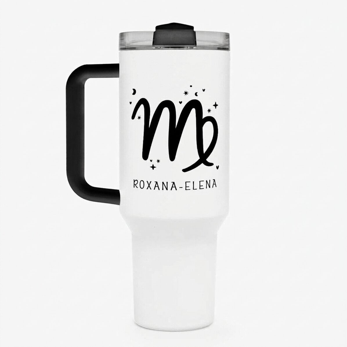 Thermos mug with handle and straw, personalised with text - Virgo zodiac sign