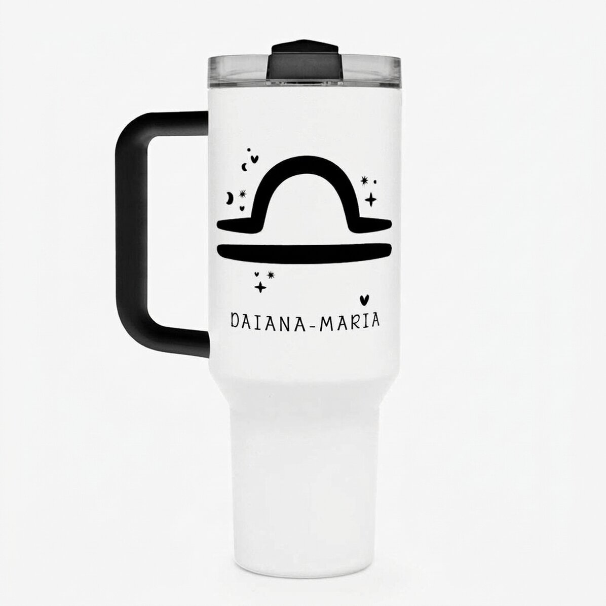 Thermos mug with handle and straw, personalised with text - Libra Zodiac Sign