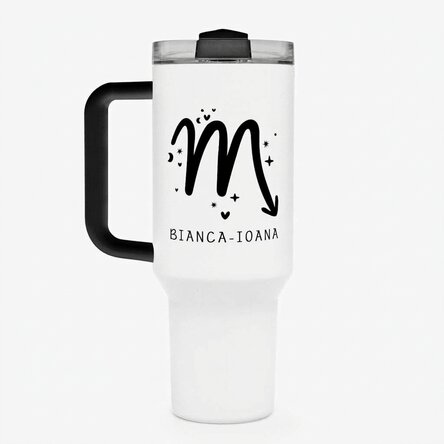 Thermos mug with handle and straw, personalised with text - Scorpio zodiac sign