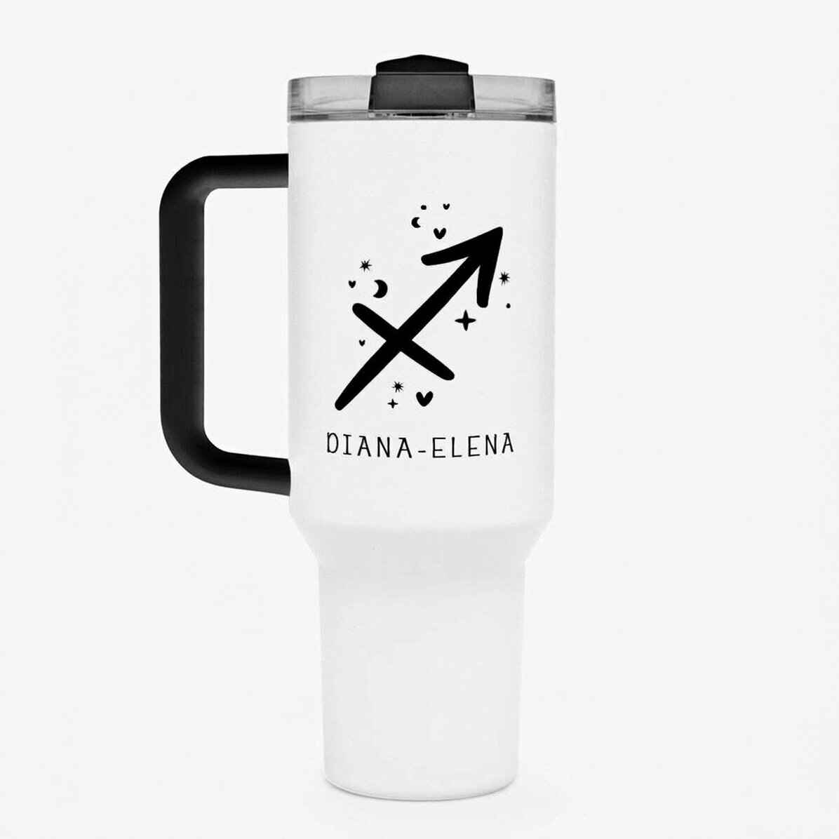 Thermos mug with handle and straw, personalised with text - Sagittarius