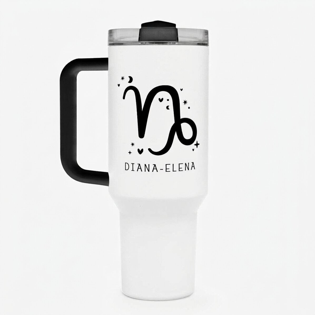 Thermos mug with handle and straw, personalised with text - Capricorn zodiac sign