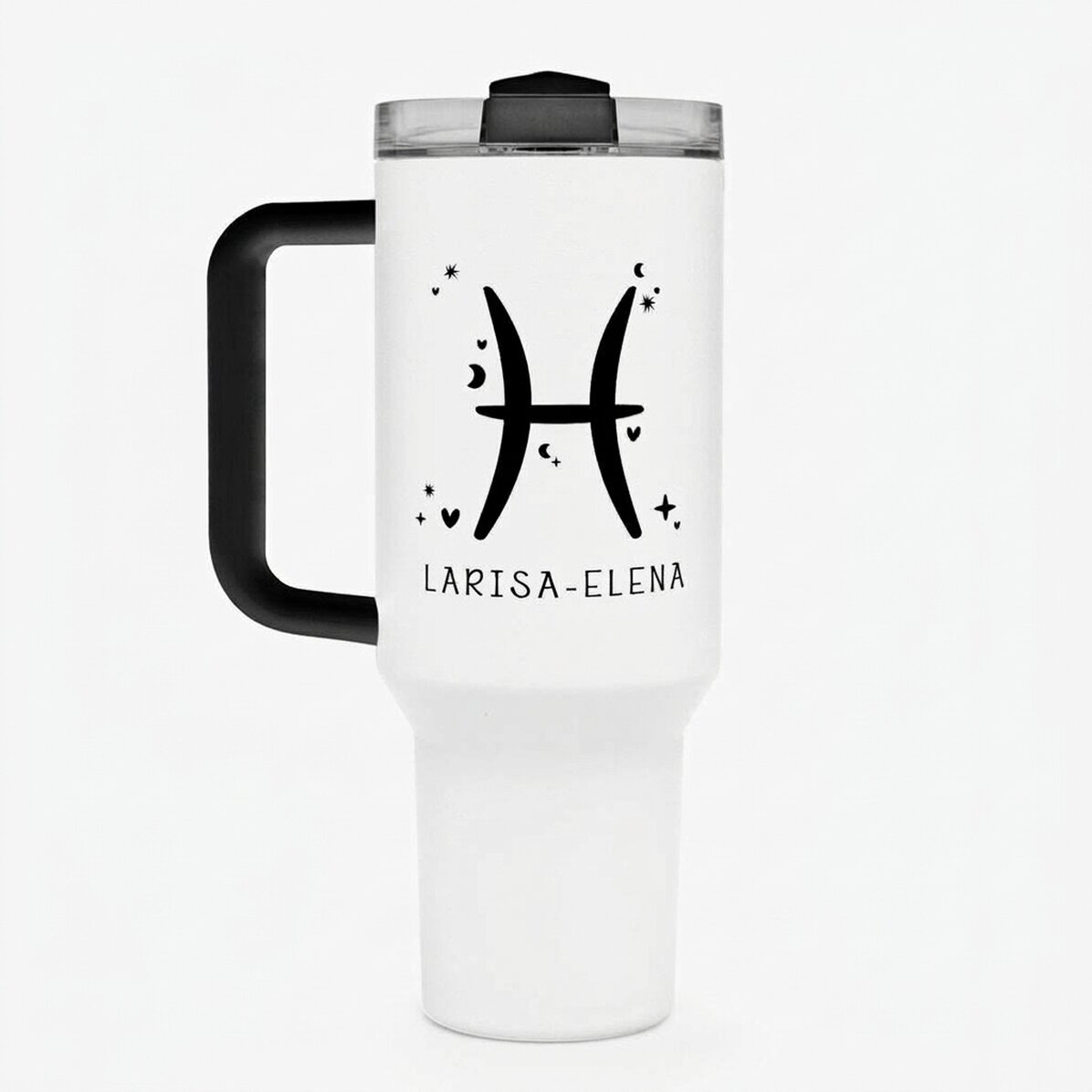 Thermos mug with handle and straw, personalised with text - Pisces
