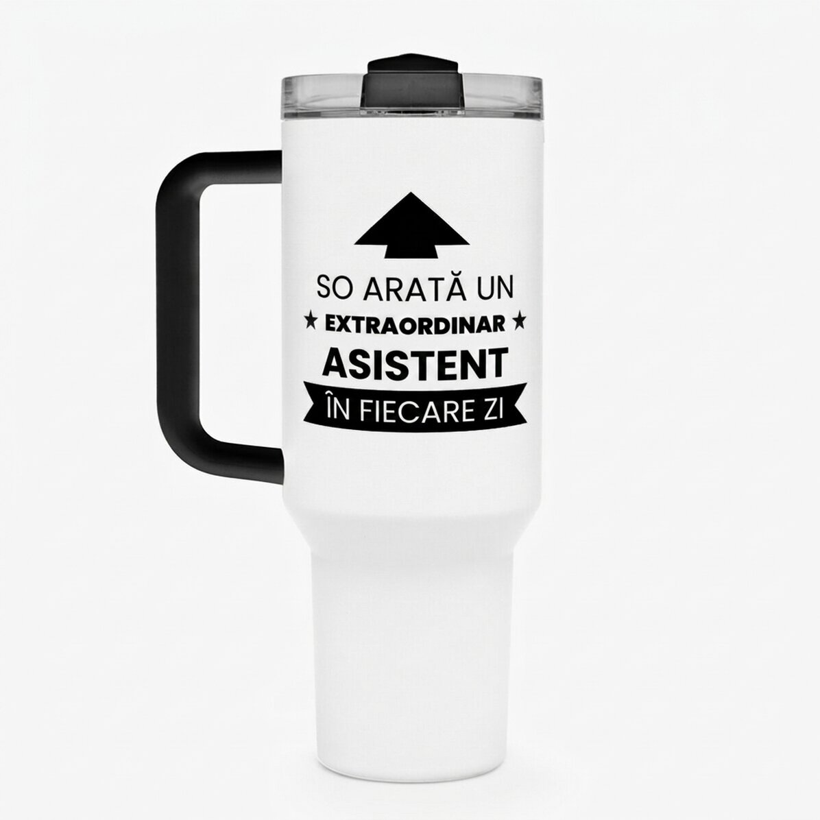 Thermos mug with handle and straw, personalised with text - This is what it looks like