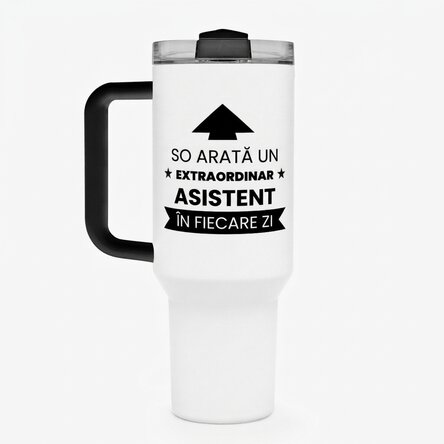 Thermos mug with handle and straw, personalised with text - This is what it looks like