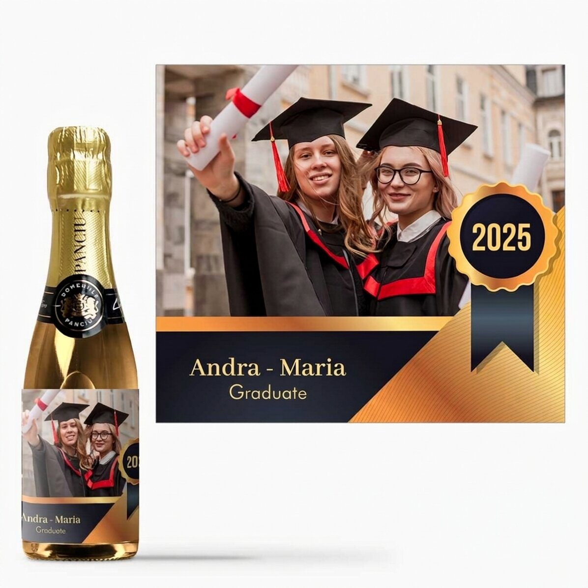 Mini bottle of sparkling wine personalised with a message and a photo - Graduation