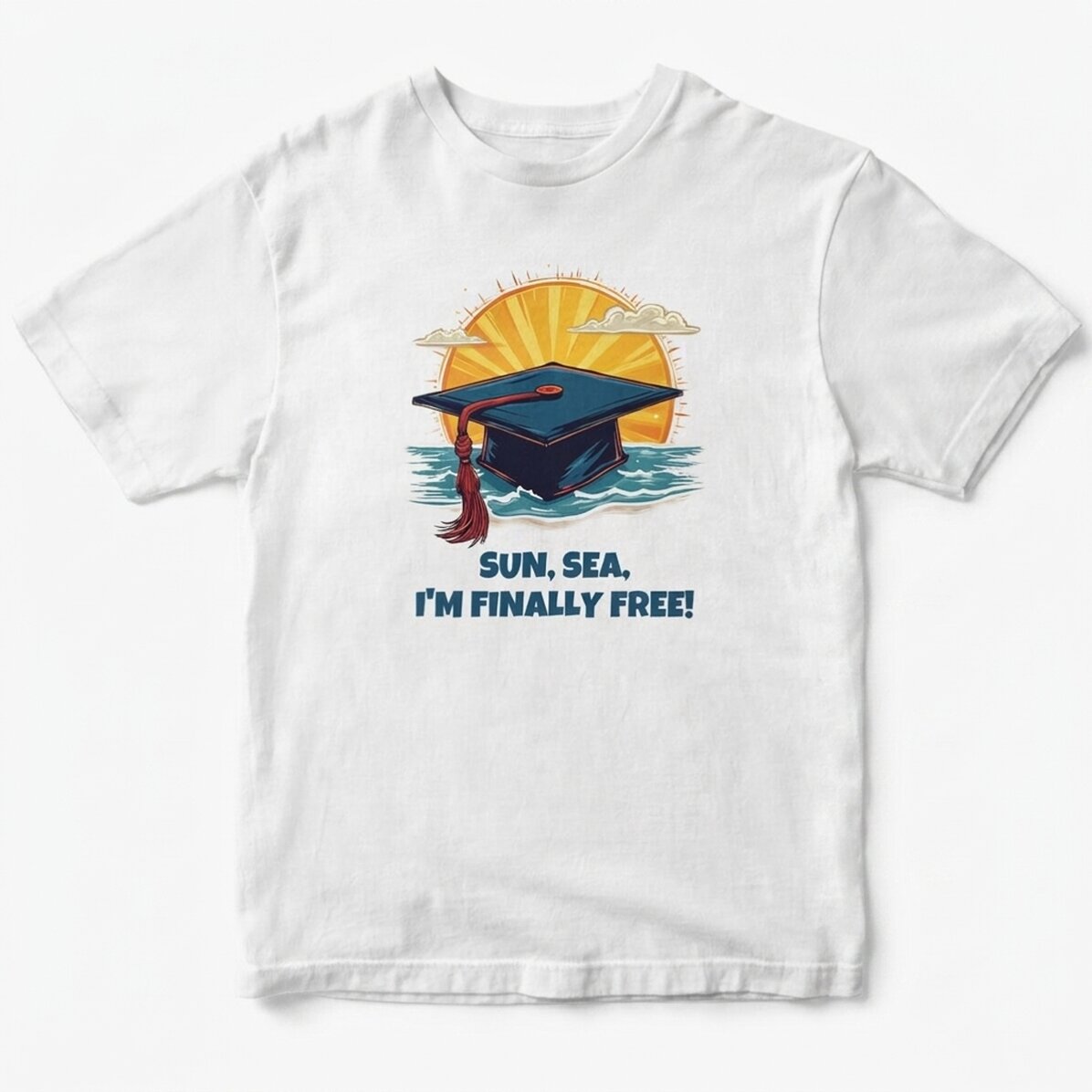 Custom cotton T-shirt with text - Sun, sea, finally free