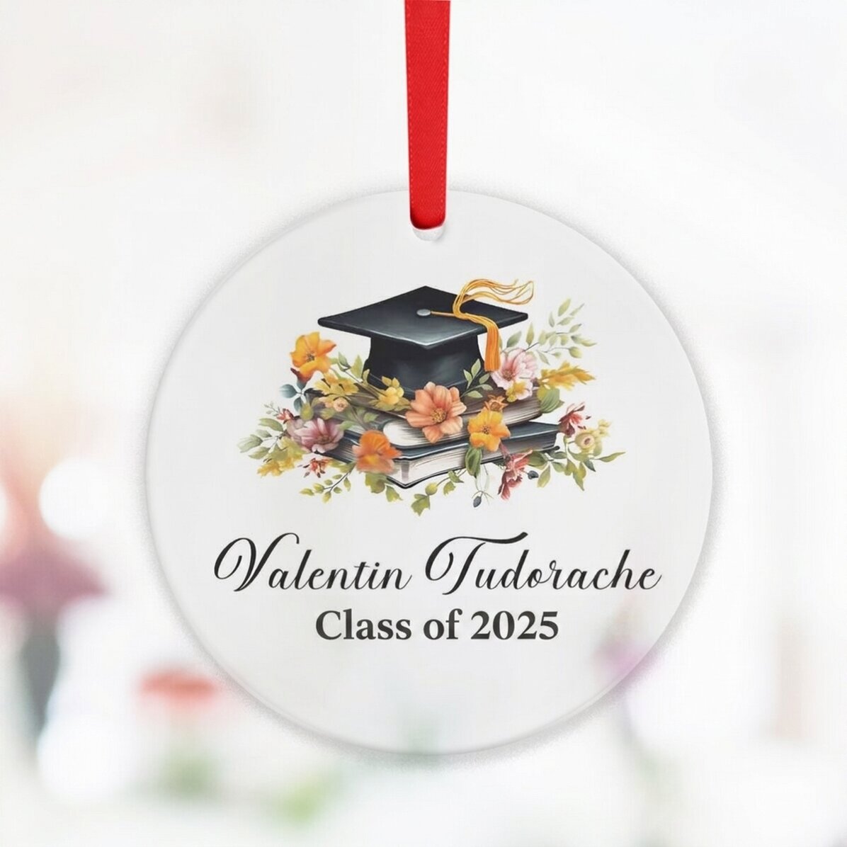 Personalised round ornament with graduation text