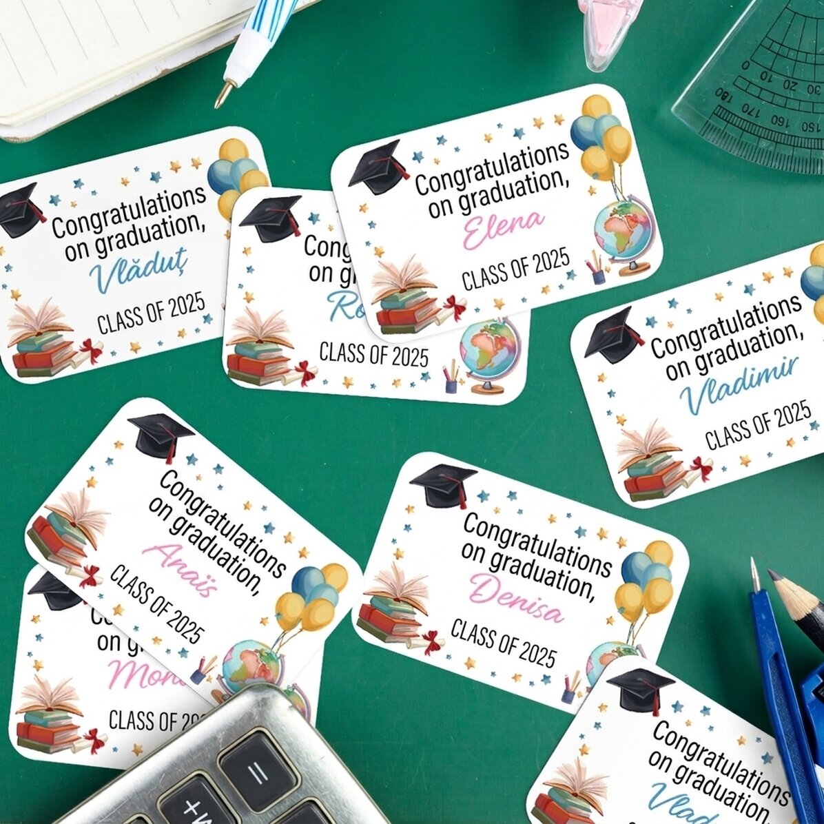 Set of 8 stickers (self-adhesive labels) personalised with message - Graduation