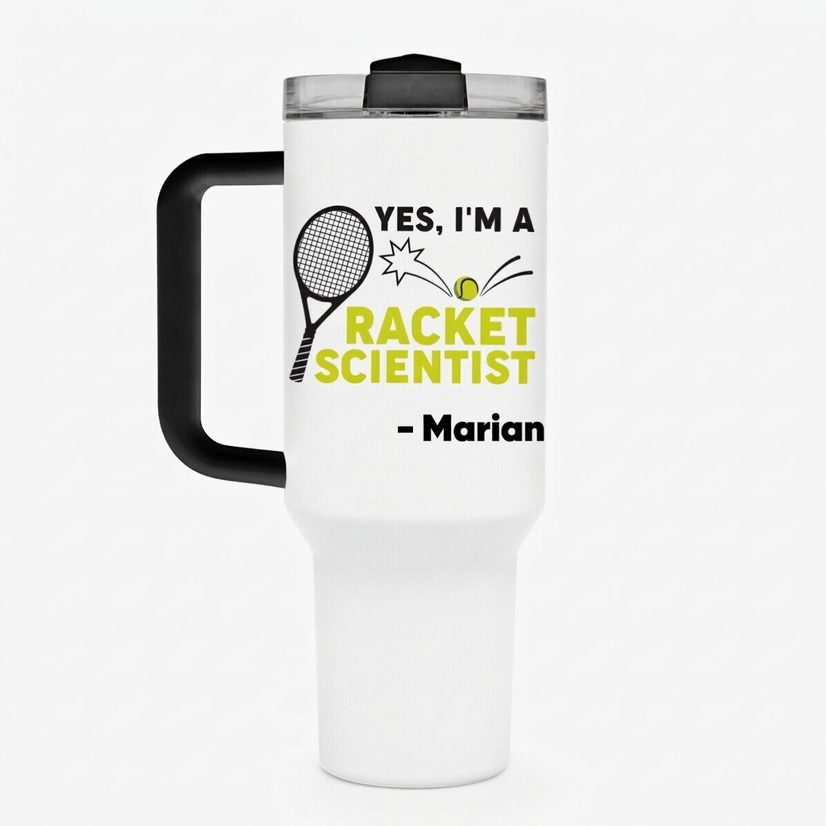 Thermos mug with handle and straw, personalised with text - Racket scientist