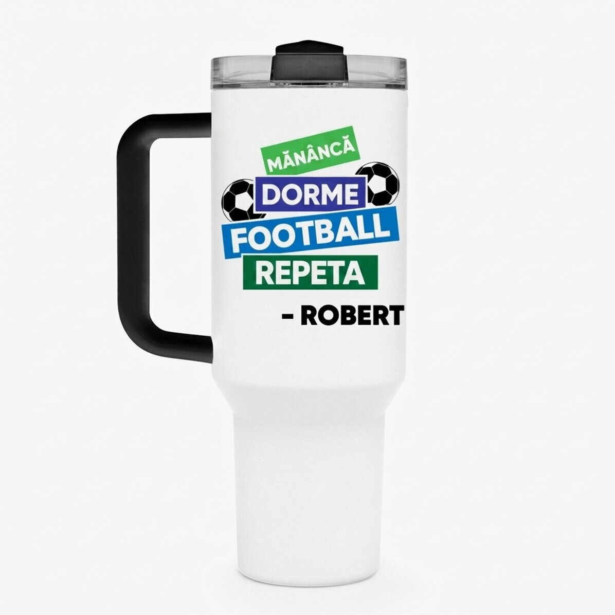 Thermos mug with handle and straw, personalised with name - Football