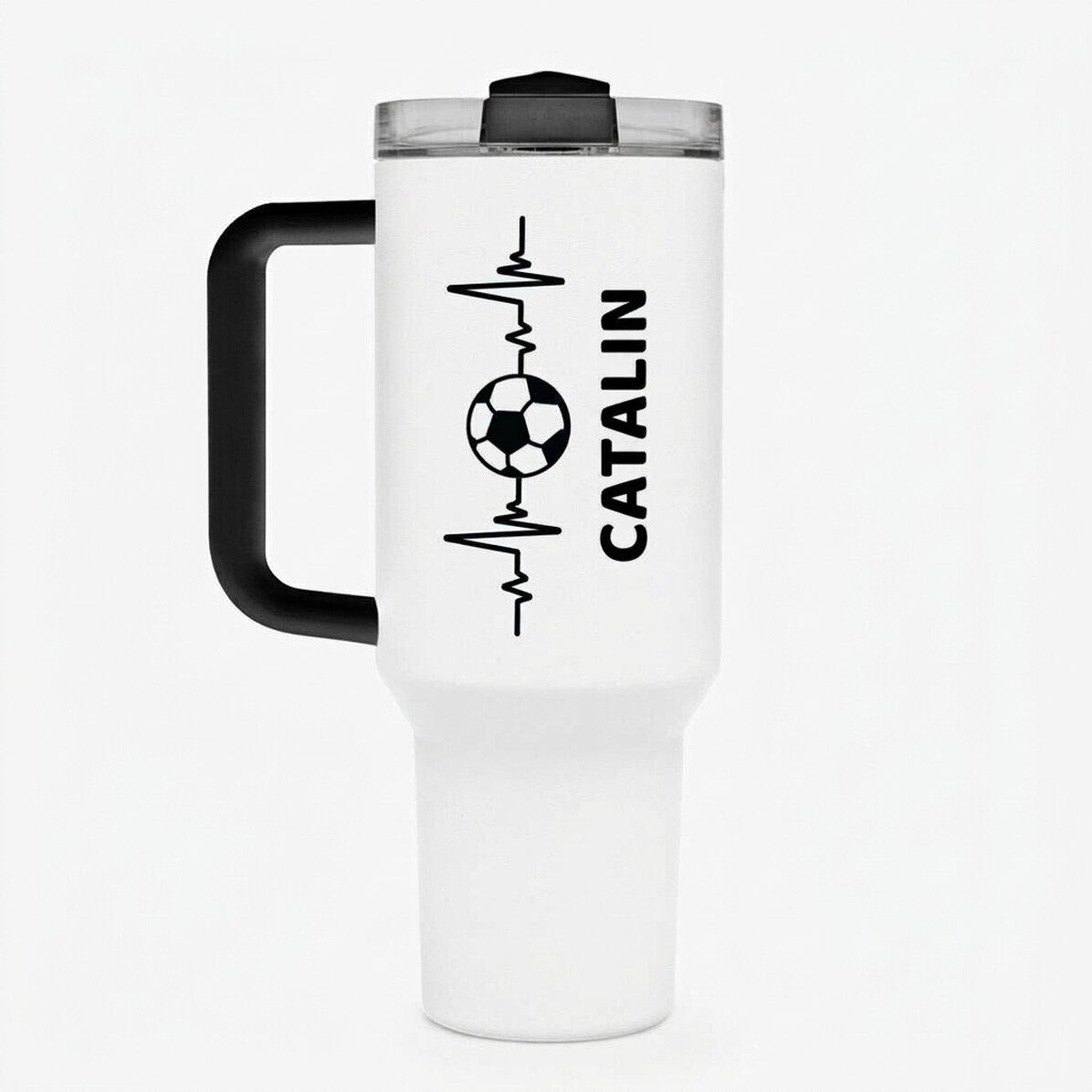 Thermos mug with handle and straw, personalised with name - Football lover