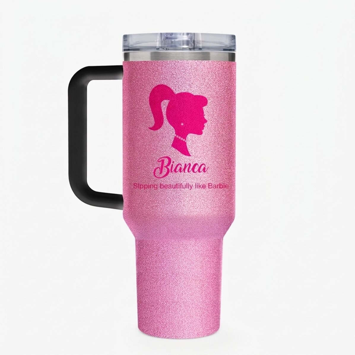 Thermos mug with handle and straw, personalised with text - Barbie