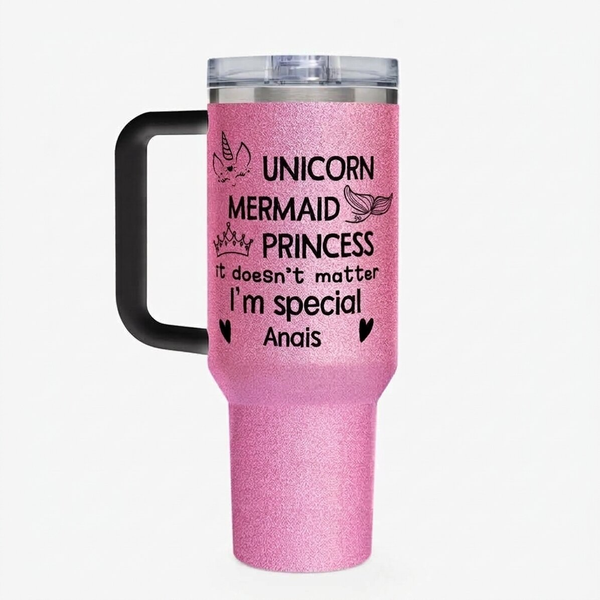 Thermos mug with handle and straw, personalised with message - I