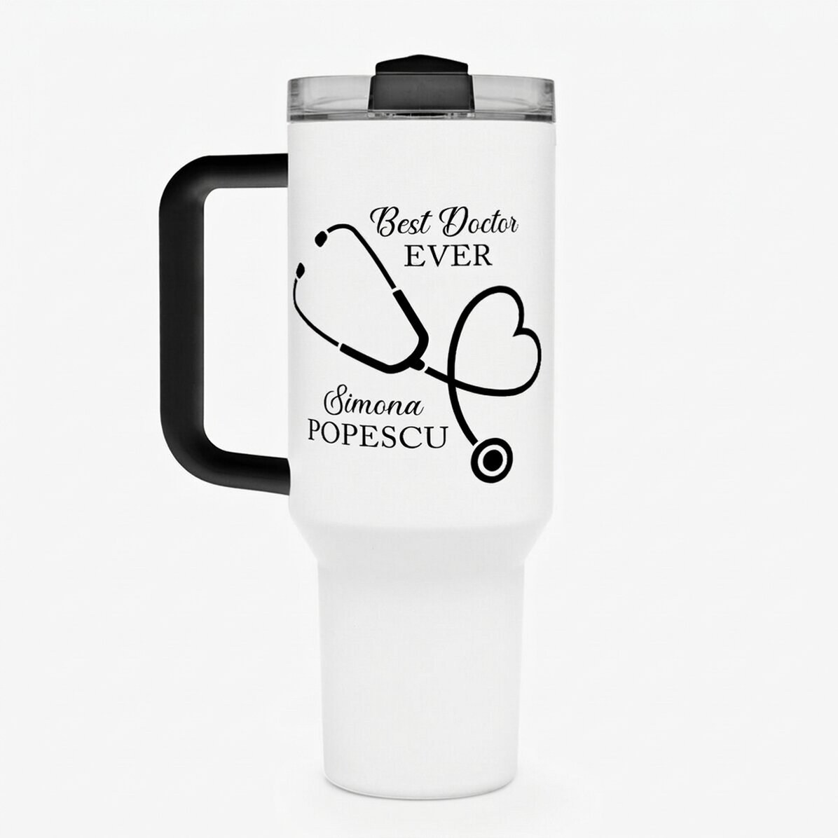 Thermos mug with handle and straw, personalised with message - Best Doctor