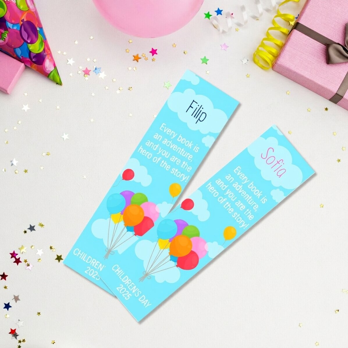 Personalised bookmark with message and name for children - Balloons