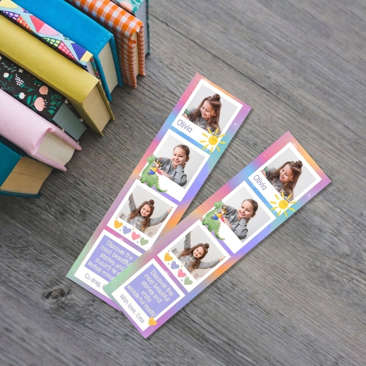 Personalised bookmark with message and 3 photos - Rainbow