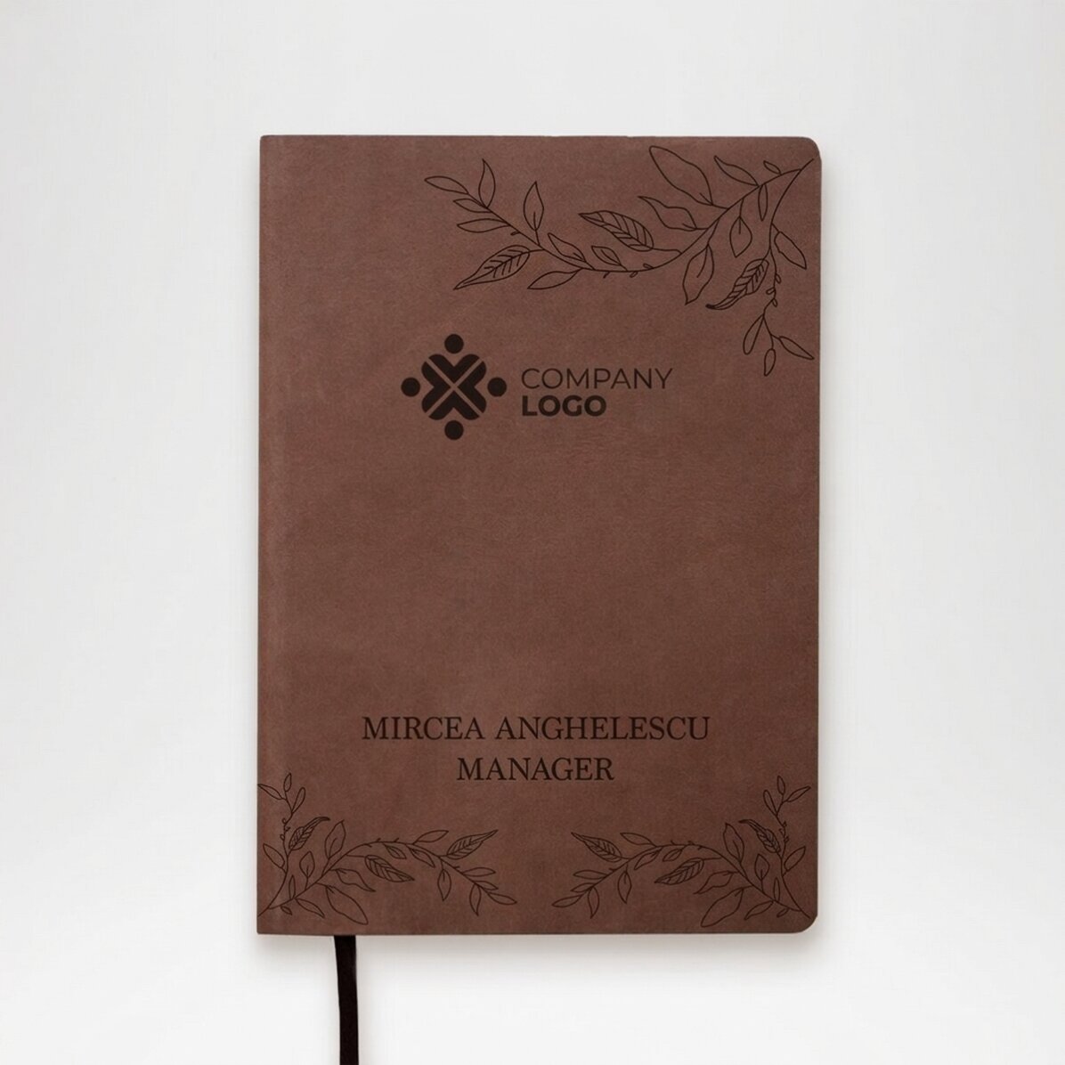 Personalised leather diary with logo in the centre and message