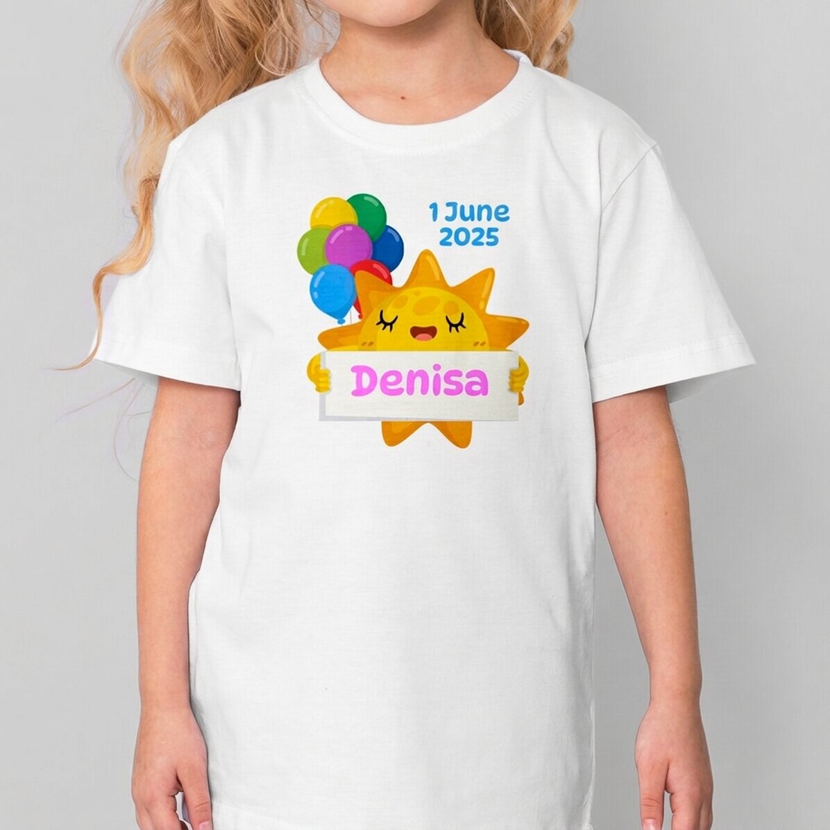 Personalised cotton T-shirt for children with message - Sun and colourful balloons