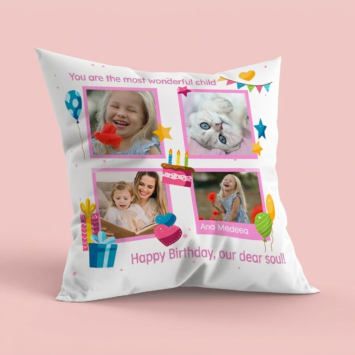 Personalised cushion with 4 photos and message - Happy Birthday, children
