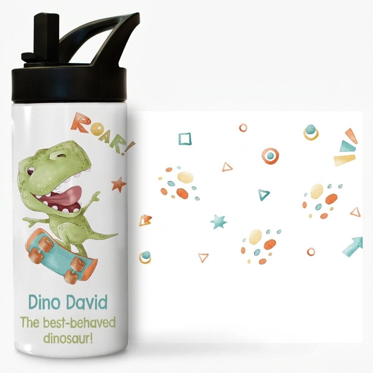 Thermos with handle and straw, personalised with a message for children - Dino