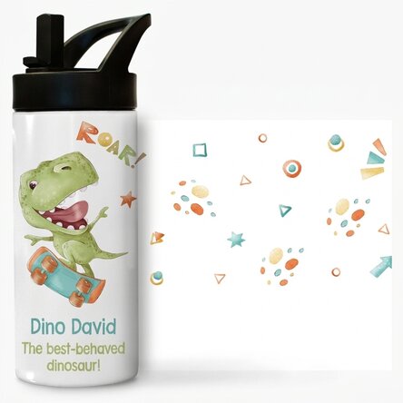 Thermos with handle and straw, personalised with a message for children - Dino
