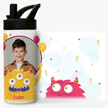 Thermos with handle and straw personalised with a photo and name - Children