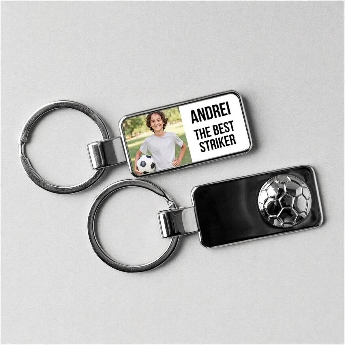 Personalised keyring with photo and text - football design