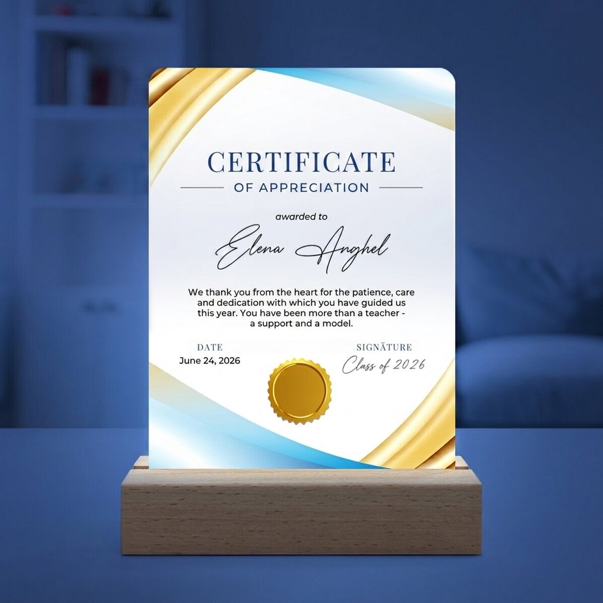 Personalised LED night light with message - Certificate of appreciation