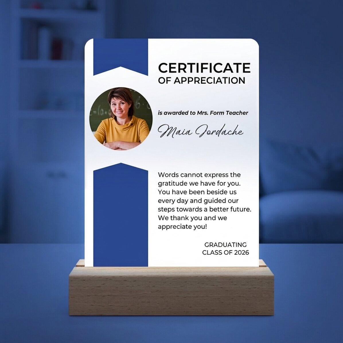 Personalised LED night light with a photo and message - Certificate of appreciation