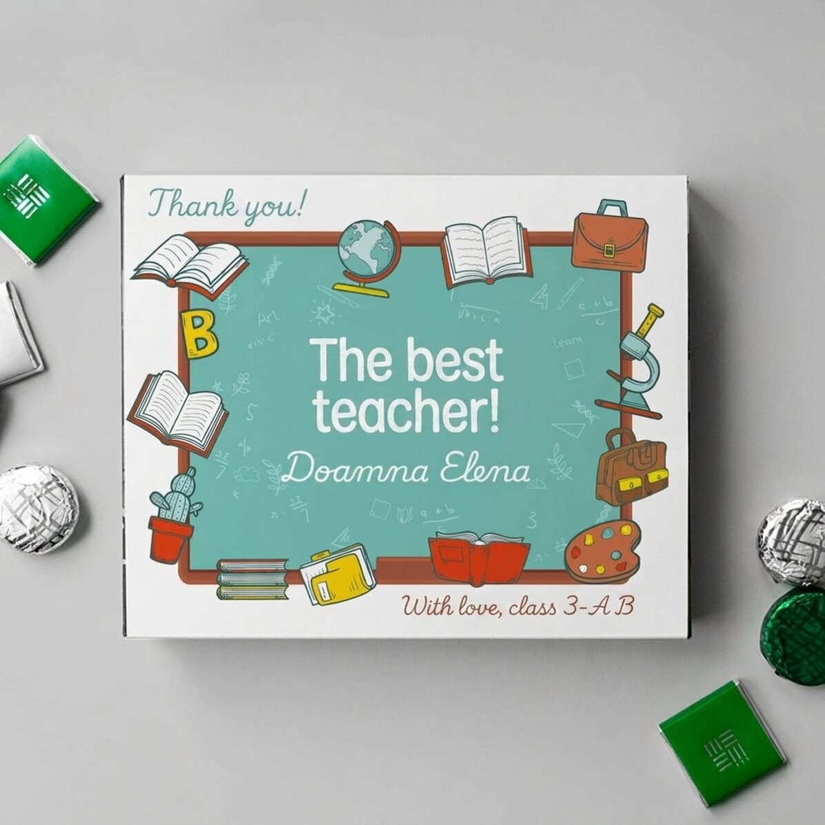 Personalised box of chocolates with a thank you message for teachers