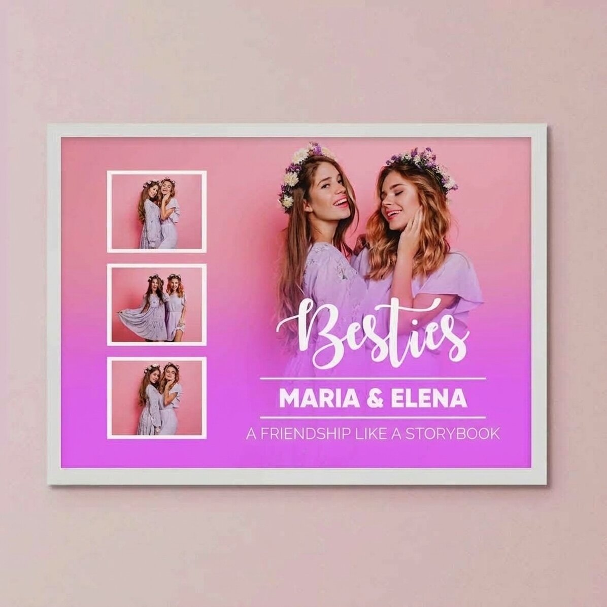 Personalised canvas with 4 photos and text - Pink