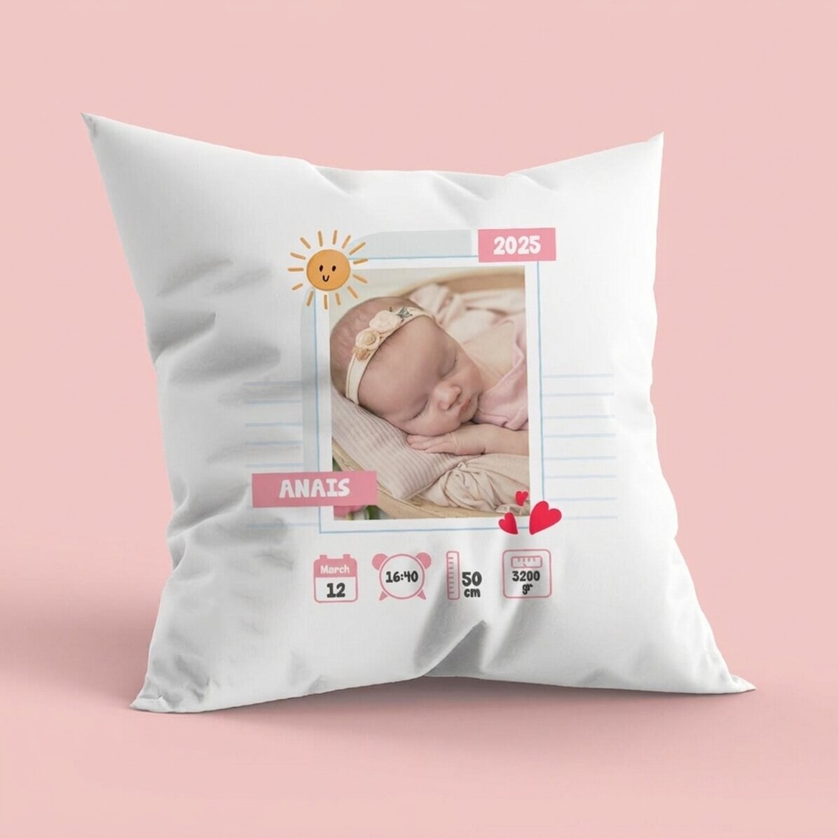 Personalised cushion with a photo and message - Hello, Baby