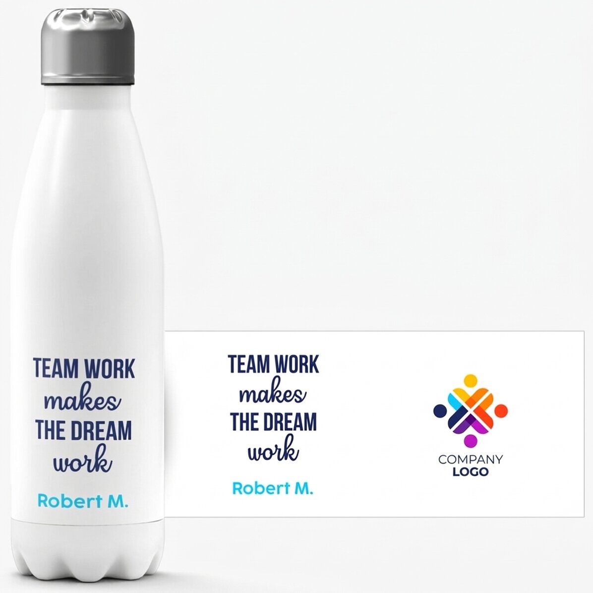 Thermos with white base personalised with logo and message - Team work