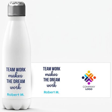 Thermos with white base personalised with logo and message - Team work