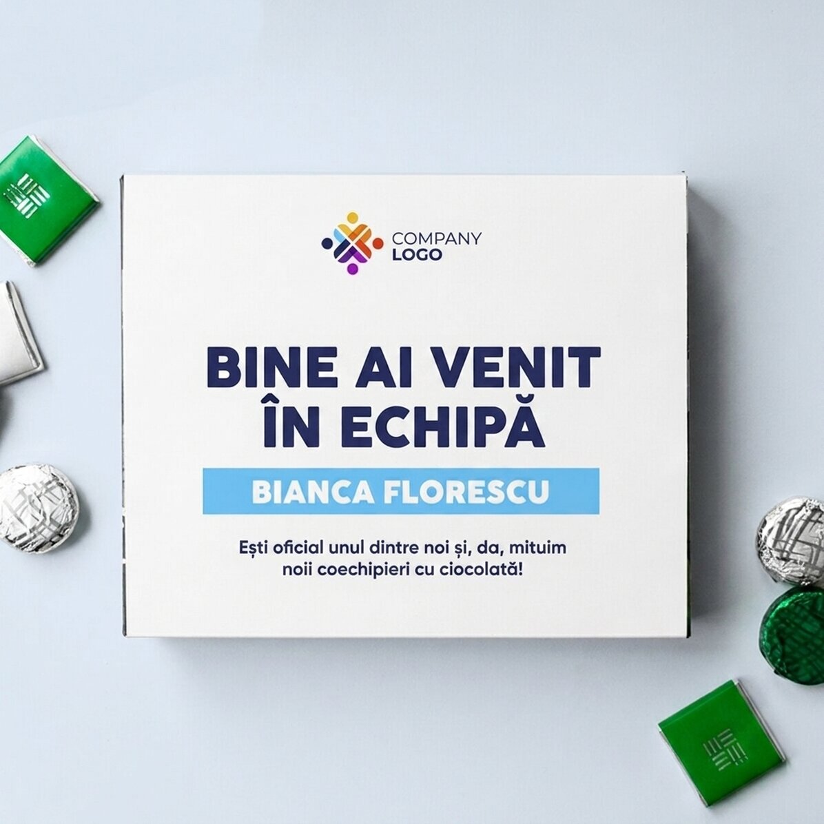 Personalised box of chocolates with message and logo for employees