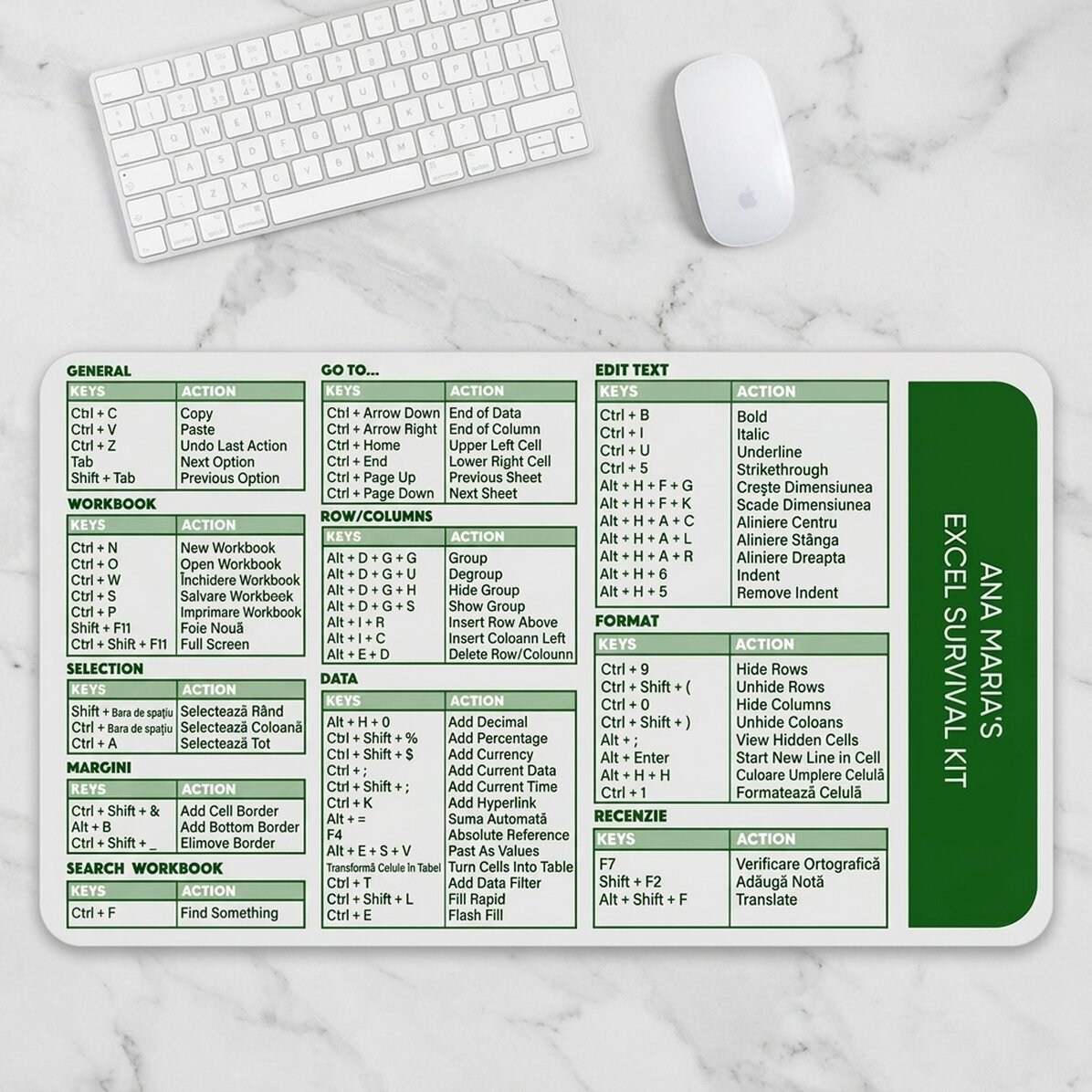 Customised XXL mouse pad with text - Excel shortcuts