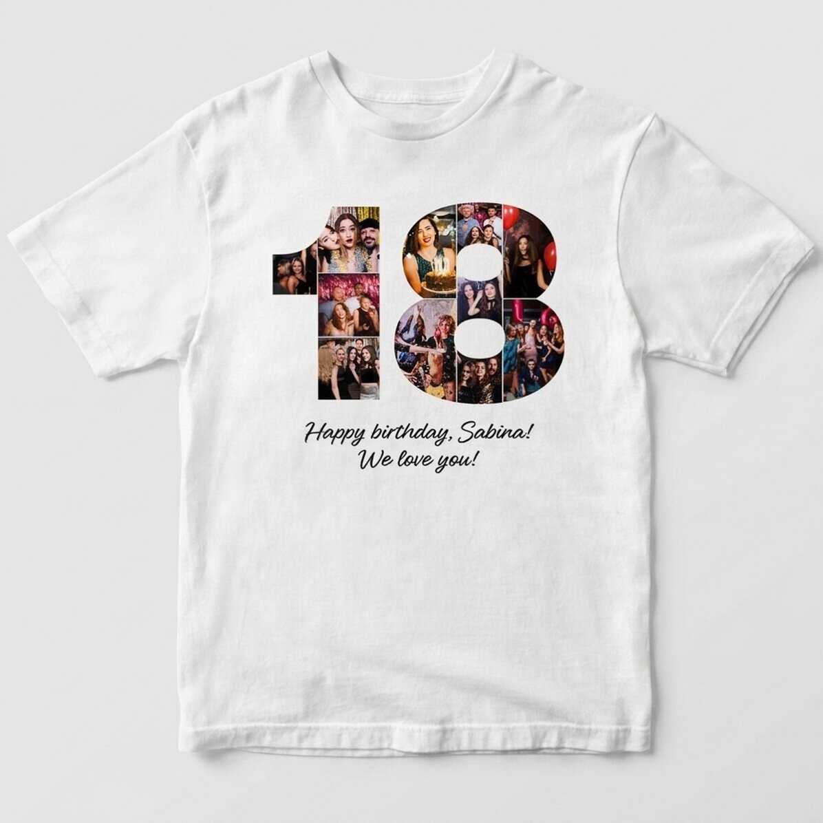 Personalised cotton T-shirt with 11 photos and text for coming of age - 18 years old