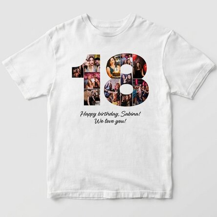 Personalised cotton T-shirt with 11 photos and text for coming of age - 18 years old