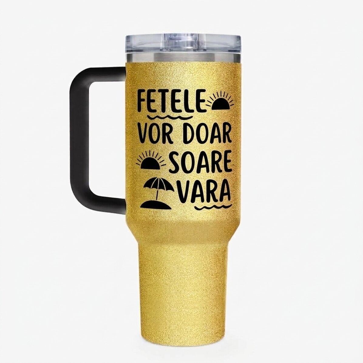 Thermos mug with handle and straw, personalised with message - Summer Vibe