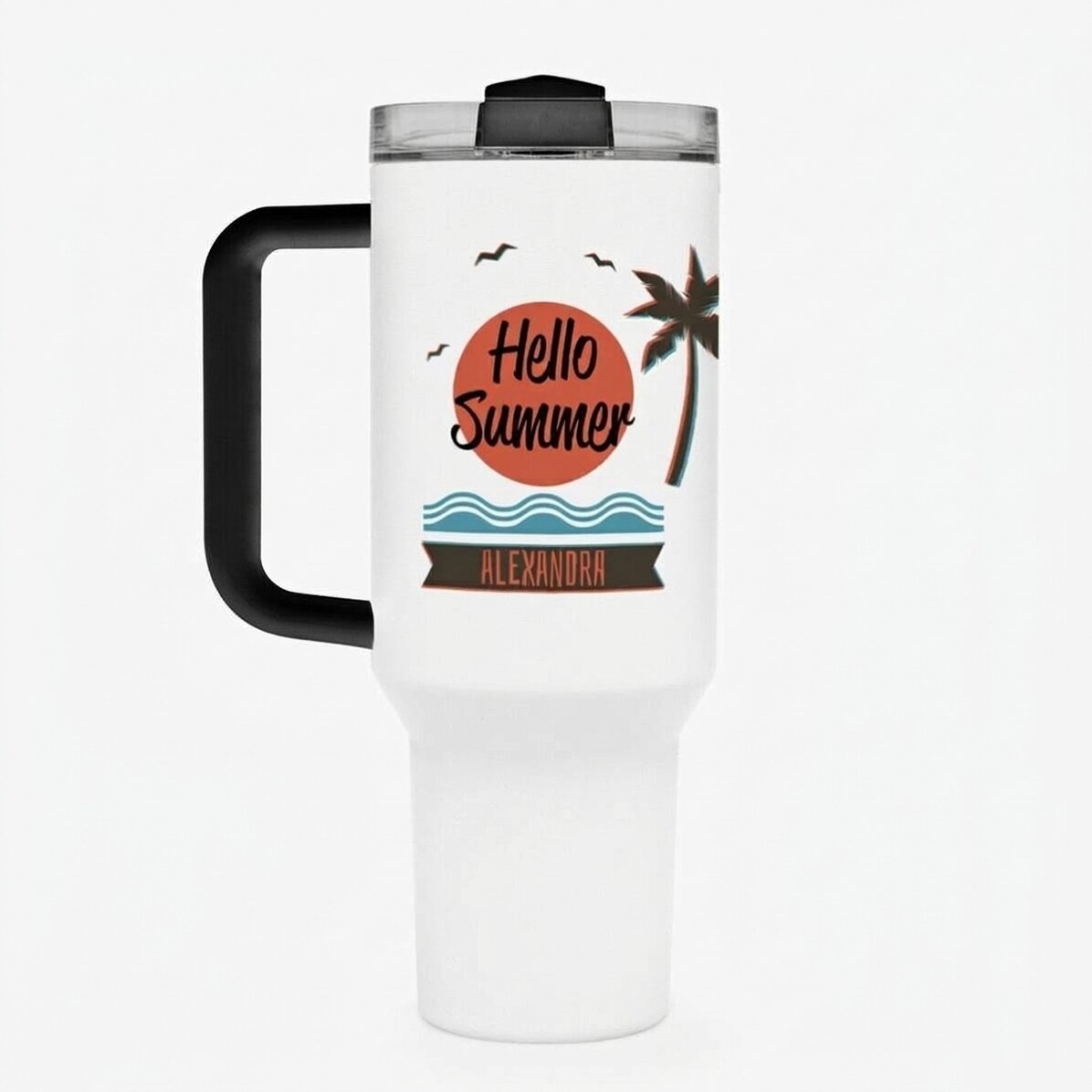 Thermos mug with handle and straw, personalised with text - Summer vibes